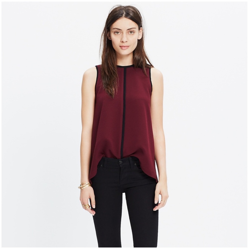 MADEWELL Crepe Canal Tank Top Sleeveless Blouse A Line Burgundy Black Trim Small